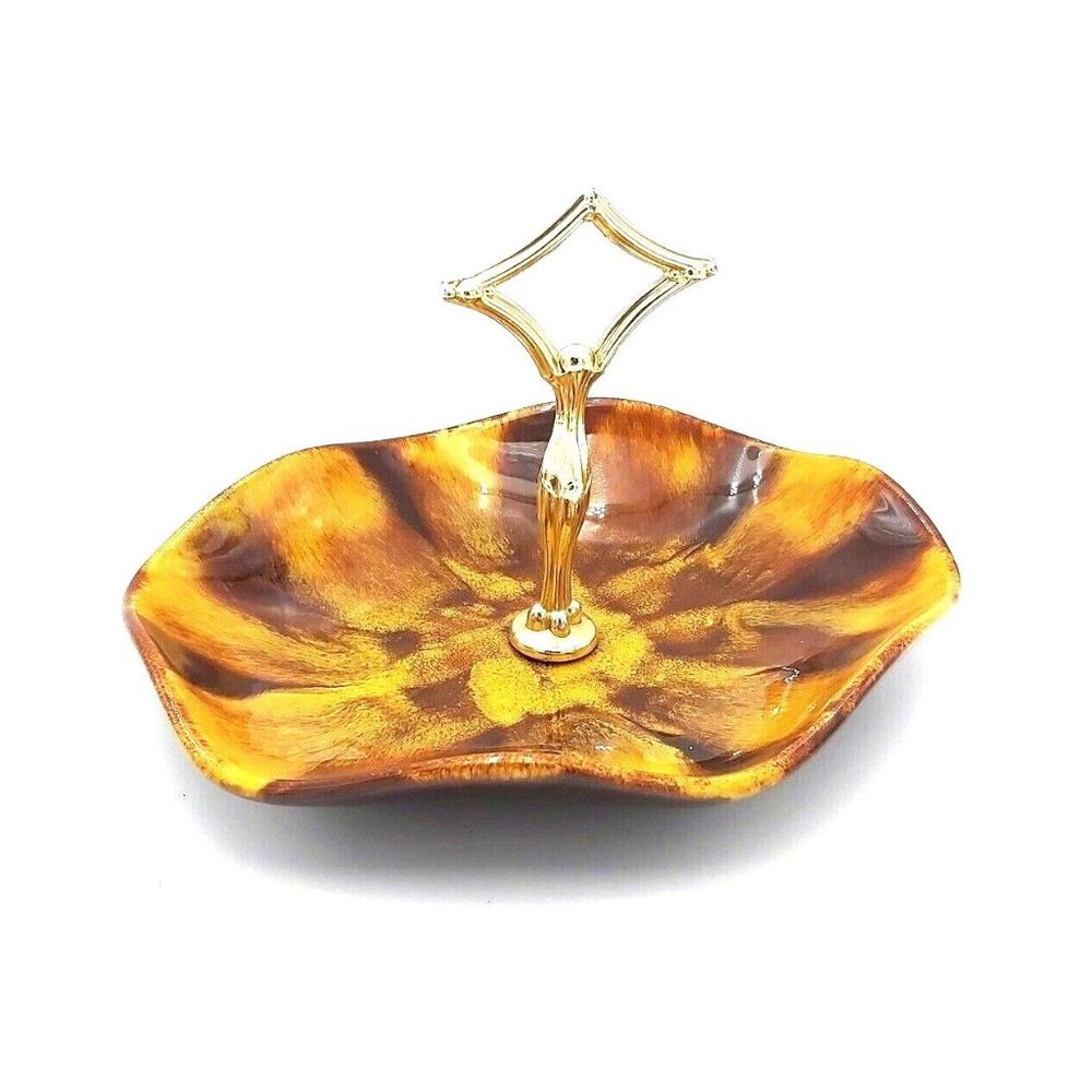 Blue Mountain Pottery BMP Serving Tray Dish Harvest Gold Glazed Handle 1970s Vtg